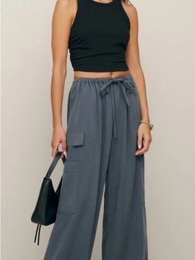 Reformation Wide-Leg Ethan Drawstring Cargo Pants — Slate Gray/Blue